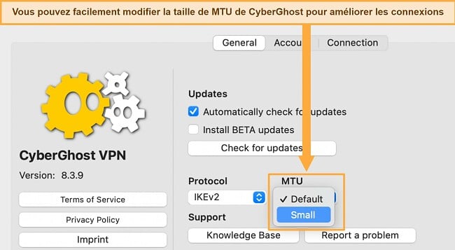 VPN déconnexion comment réparer CyberGhost onglet paramètres MTU