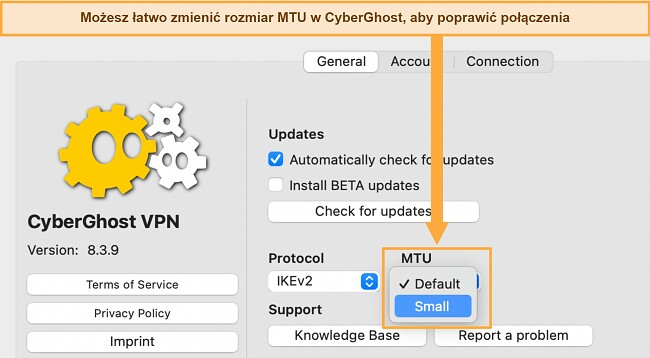 VPN traci połączenie jak to naprawić CyberGhost Karta ustawień ogólnych pokazująca opcje MTU