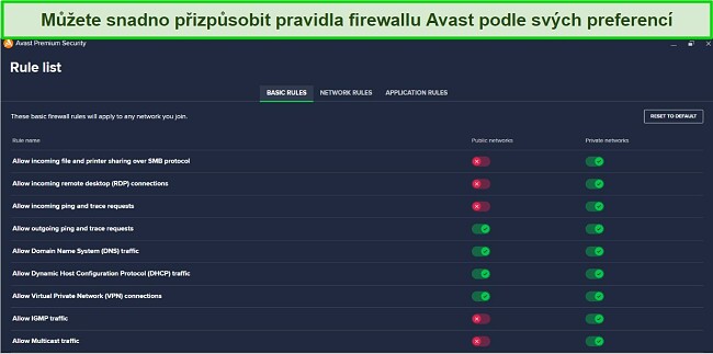 Recenze Avast Antiviru: Přizpůsobení pravidel firewallu
