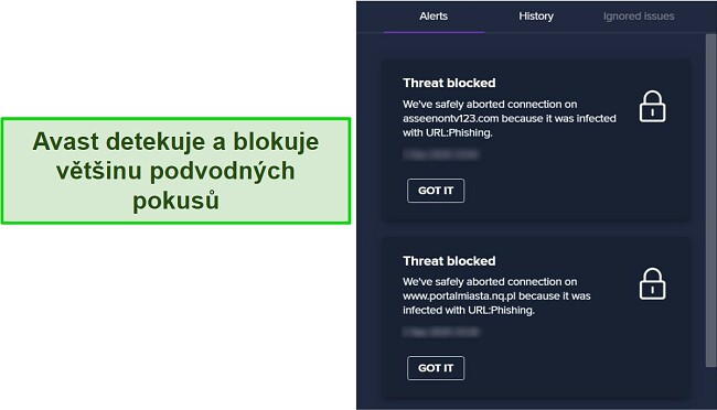 Recenze Avast Antiviru: Úspěšné blokování pokusu o phishing