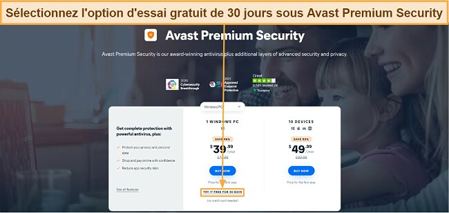 Capture d'écran du choix de l'essai gratuit de 30 jours d'Avast Premium Security dans la revue Avast Antivirus