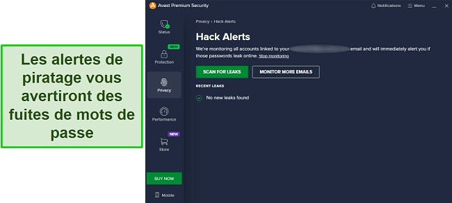 Capture d'écran de la fonction d'alertes de piratage surveillant un e-mail pour des violations dans la revue Avast Antivirus