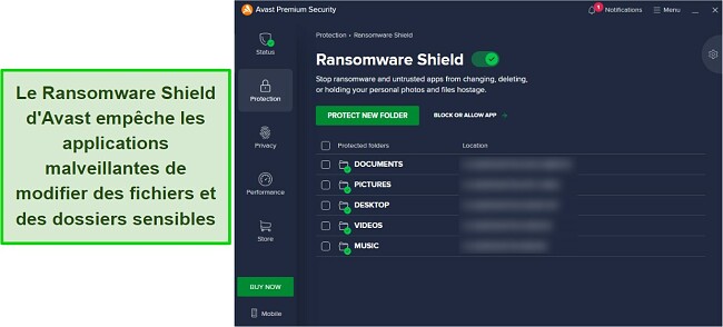 Capture d'écran de la revue d'Avast Antivirus avec le bouclier anti-ransomware et les dossiers protégés