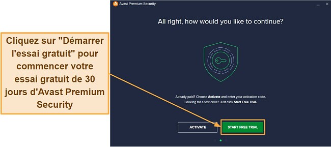 Capture d'écran du démarrage de l'essai gratuit d'Avast Premium Security dans la revue Avast Antivirus