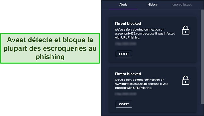 Revue d'Avast Antivirus : Blocage réussi d'une tentative de phishing