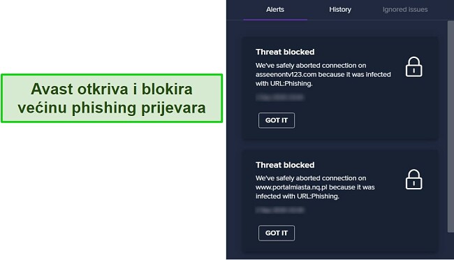 Pregled Avast antivirusa - uspješna blokada pokušaja phishinga