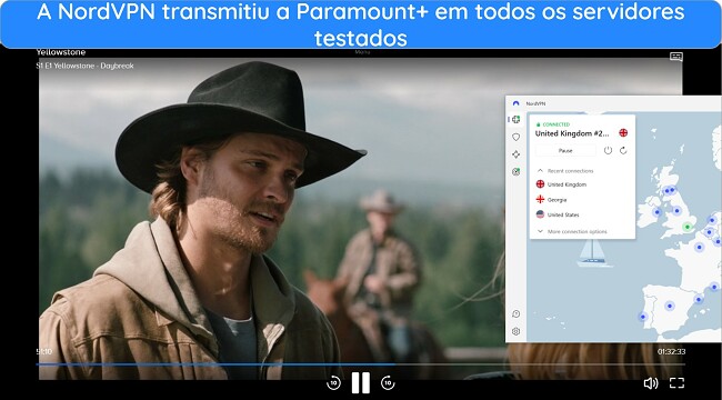 Imagem mostrando instruções sobre como assistir Yellowstone no Paramount+ usando NordVPN para streaming